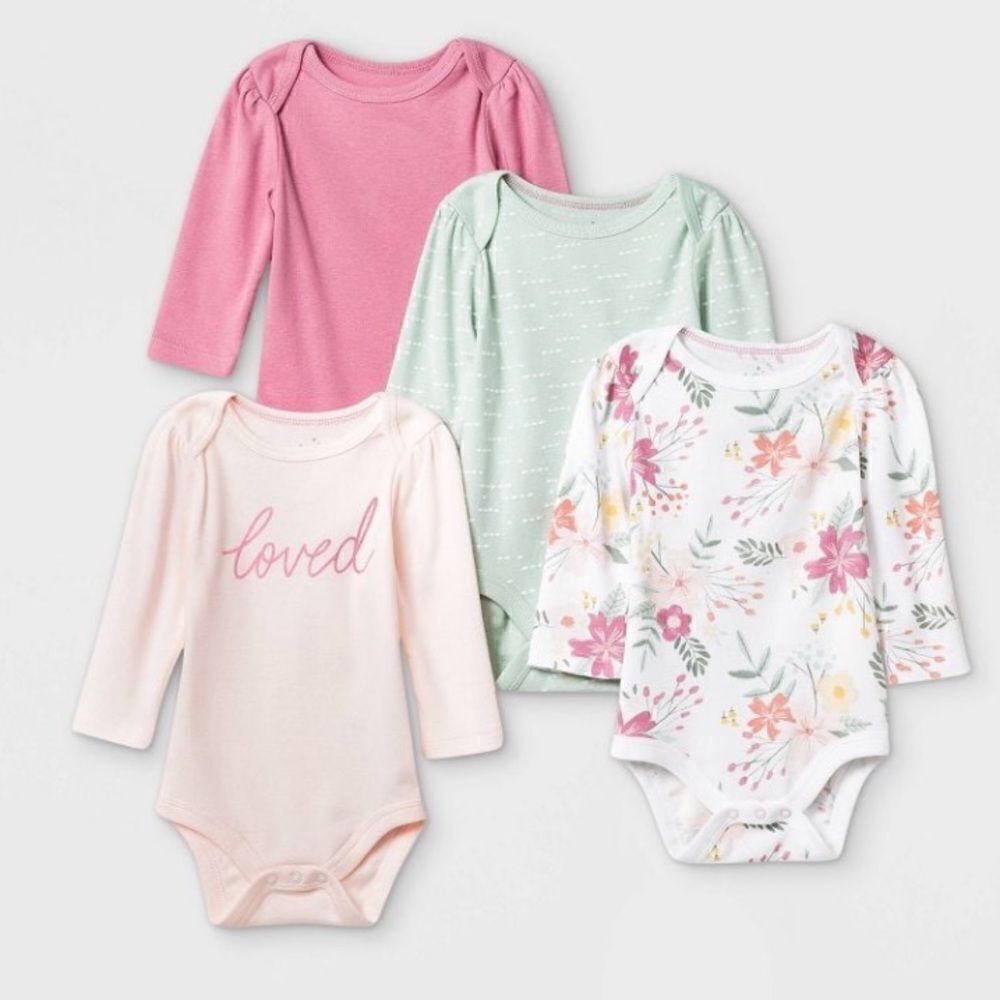 Baby Girls' 4pk Meadow Long Sleeve Bodysuit - Cloud Island™ Pink/Green/White NB
